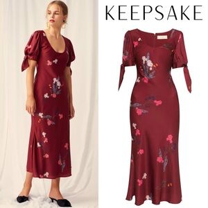 NWT Keepsake Hurricane Slip Dress S 4 Floral Satin Dark Cherry Red Puff Sleeve